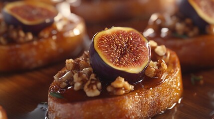 Poster - Close-up of fig and walnut crostini with honey glaze on a wooden board.