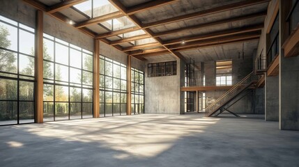 Poster - Sunlit spacious industrial loft interior with concrete floors, large windows, wooden beams, and a mezzanine.