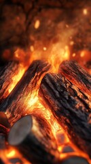 Poster - Close up view of burning logs in a fireplace, radiating warmth and creating a cozy atmosphere, ideal for winter or autumn settings, enhancing comfort and relaxation at home