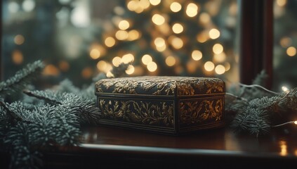Poster - Ornate gift box sits on windowsill with Christmas tree lights and evergreen branches.