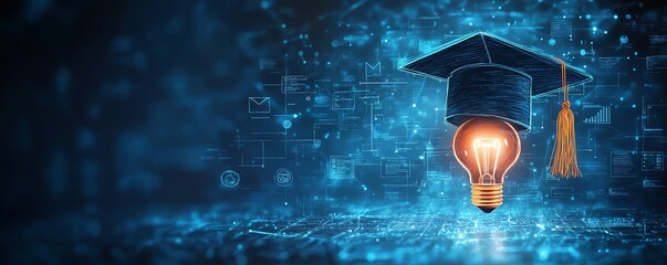 Elearning graduate program concept with lightbulb, graduation cap, and education icons, representing online courses, webinar classes, and internet education for career advancement
