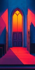 Wall Mural - A church with a stained glass window and a door. The door is open and the light is shining through the window