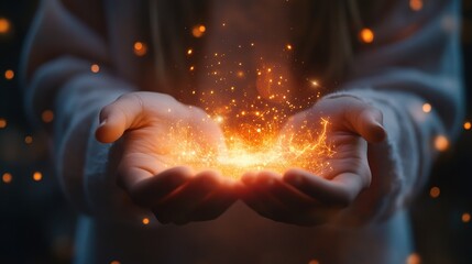 Poster - Close Up of Person Holding a Tablet with Digital Sparkles Effect