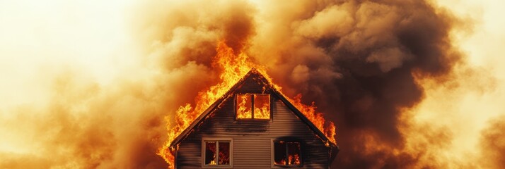 Poster - Dramatic scene of a burning wooden house engulfed in flames and thick smoke, highlighting the devastating power of fire and the potential loss of property