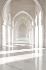 Wall Mural - a long, narrow hallway with white pillars. the pillars are arched and the floor is white