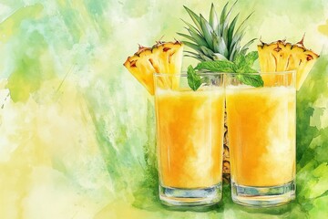 Poster - Two glasses of refreshing pineapple smoothie garnished with pineapple wedges and mint leaves, watercolor style.