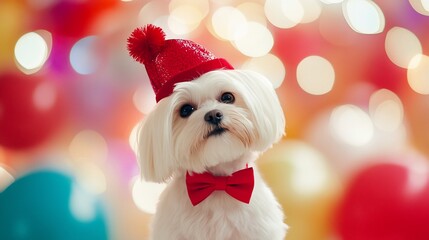 Poster - Adorable Maltese dog in a festive red hat and bow tie against a colorful bokeh background.