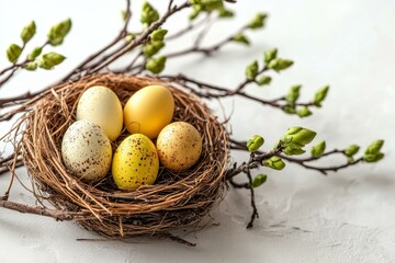 Wall Mural - Colorful Easter Eggs in a Nest with Spring Branches