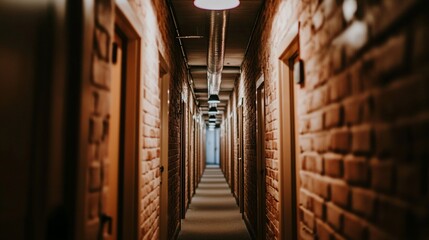 Poster - Long brick hallway with doors and lights.
