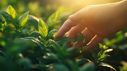 Poster - Hand gently touching vibrant green plants in sunlight.