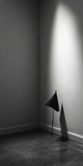 Sticker - A solitary black umbrella stands in the dim corner of a minimalist room, casting a soft shadow on the wall. This image captures tranquility and simplicity in design.