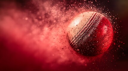 Poster - Red cricket ball in motion with dust and particles.