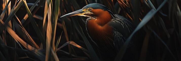 Poster - Green heron hidden in reeds at sunset.