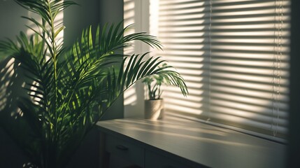 Poster - Sunlight streams through window blinds illuminating potted plants on a windowsill.