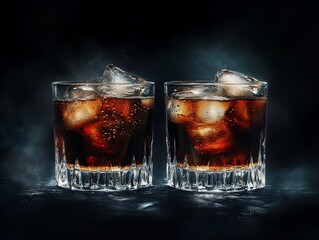 Poster - Two glasses of cola with ice on dark background.
