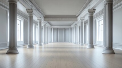 Aufkleber - Elegant white hall with classical columns, hardwood floor, and large windows.