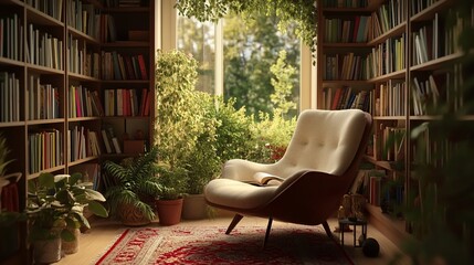 Poster - Cozy reading nook in a sunlit library with bookshelves, armchair, plants, and a rug.