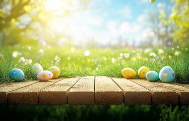 easter eggs on wooden table in springtime meadow
