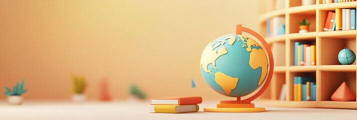 Aufkleber - Cartoon globe, books, and bookshelf in a pastel room.
