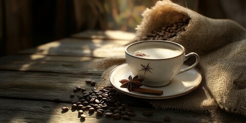 Poster - Aromatic coffee cup on rustic wood, burlap sack with beans, cinnamon, anise star.