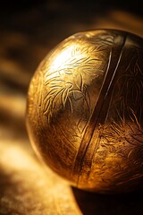 Aufkleber - Close-up of an ornate brass sphere with engraved leaf patterns, illuminated by sunlight.