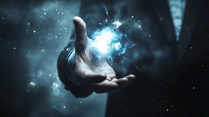 Poster - Businessman Touching Abstract Cloud with His Fingers in Dark Space