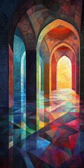 Wall Mural - a colorful painting of a hallway with a light shining through the archway. the archway is blue and t