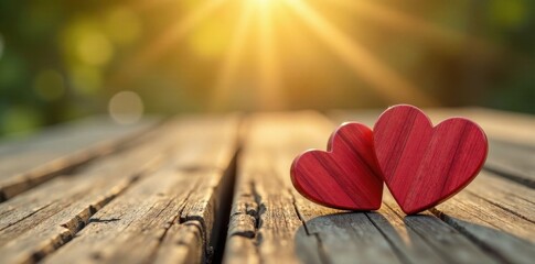 Two charming wooden hearts, sunlit, resting on a weathered wooden table , rustic, home decor