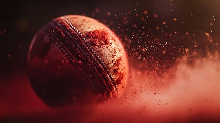 Poster - Close-up of a red cricket ball in motion, surrounded by a red dust cloud.