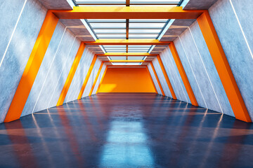 Poster - Modern corridor with orange and gray walls, skylight ceiling, and reflective floor creating a futuristic geometric space. 3D Rendering