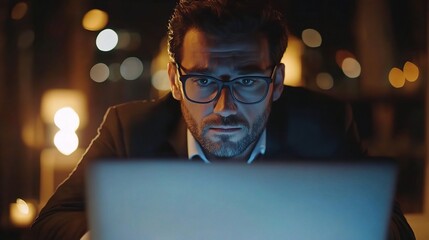 Poster - Professional Businessman Working Late with Laptop in Modern Office