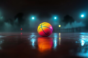 Poster - Colorful basketball on wet court at night, illuminated by stadium lights.