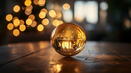 Aufkleber - Golden glass sphere reflecting Christmas lights on wooden table.