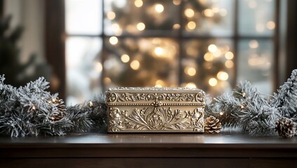 Poster - Ornate silver gift box sits on wooden surface, adorned with snowy pine branches and pinecones, blurred Christmas tree lights in background.