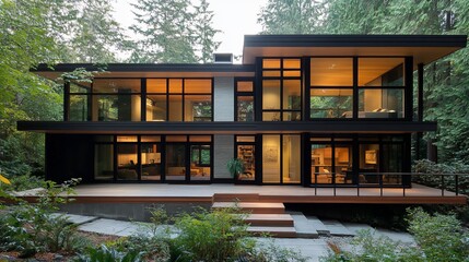 Aufkleber - Modern two-story house with large windows, dark exterior, and deck nestled in a lush forest setting at dusk.