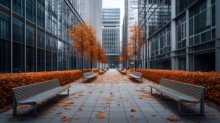 Leinwandbilder - Autumnal city street scene with benches, fallen leaves, and modern buildings.