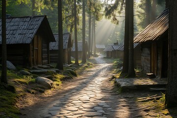 Poster - Sunbeams illuminate a path through a forest of rustic wooden cabins.