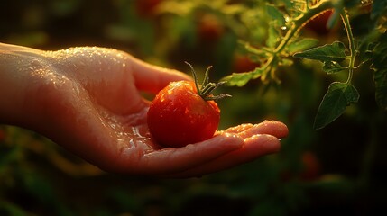 Poster - Hand holding a ripe, red tomato just picked from the vine, glistening with water droplets in the sunlight.