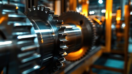 Poster - Close-Up of Shiny Metal Gears in Manufacturing Plant Setting