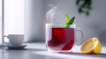 Poster - Steaming cup of red tea with lemon and mint on a table by the window.
