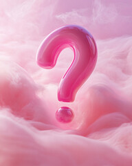 Poster - Glossy pink large question mark floating in soft, fluffy pink clouds under a dreamy sky