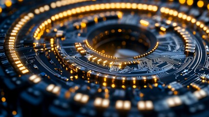 Poster - Abstract circular tech design with glowing lights, intricate circuitry, and a dark blue background.