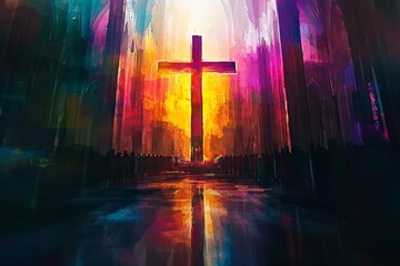 Poster - Stunning digital artwork depicting a glowing cross in a cathedral with vibrant colors and reflections.