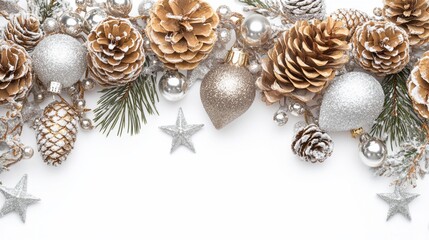 Poster - Silver and gold Christmas ornaments, pine cones, and stars arranged on white background.