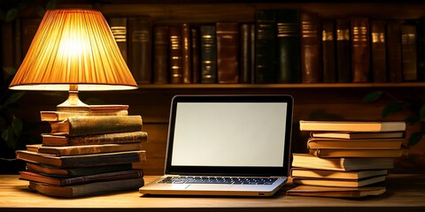 Poster - Laptop and books on desk lit by lamp, bookshelf in background.