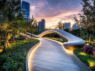 Aufkleber - Modern pedestrian bridge at sunset, curved design, illuminated pathway, lush landscaping, city skyline background.