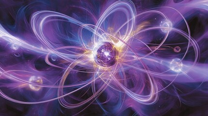 Poster - Abstract atom model with swirling energy, vibrant purple and blue hues.