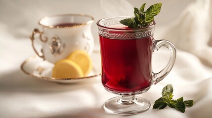 Poster - Refreshing iced tea in a glass with mint and lemon slices, served with a cup of tea.