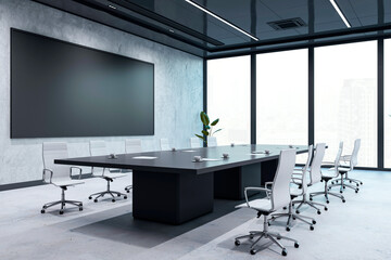 Poster - Modern conference room with large table, chairs, flat screen, and city skyline through windows. Professional and spacious design. 3D Rendering