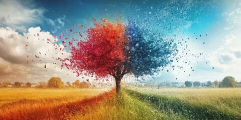 Wall Mural - A tree with red, yellow, and blue leaves is shown in a field. The tree is split into two halves